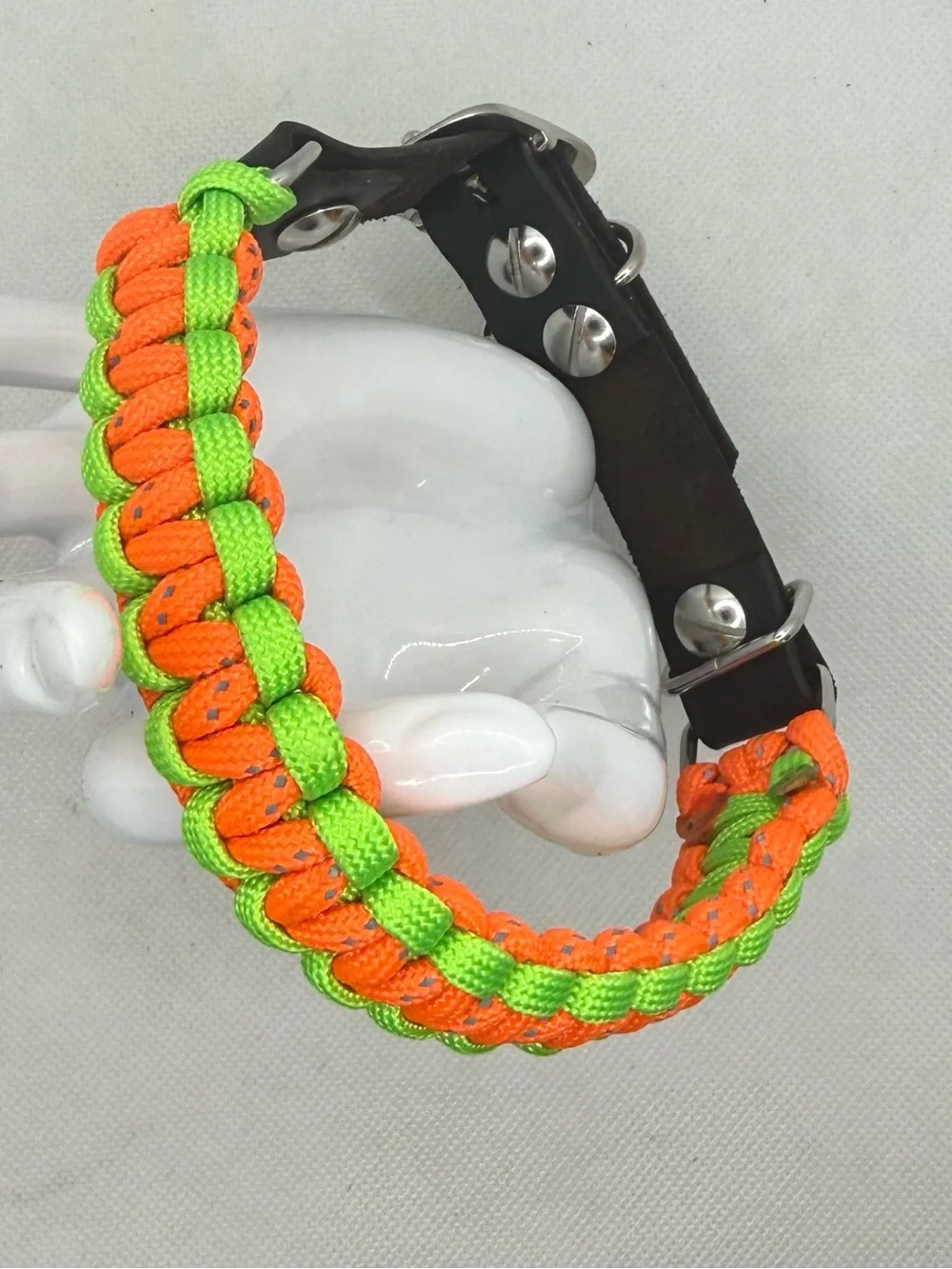 Handmade Reflective Paracord Dog Collar, Leather Adjustable Neon Green Orange